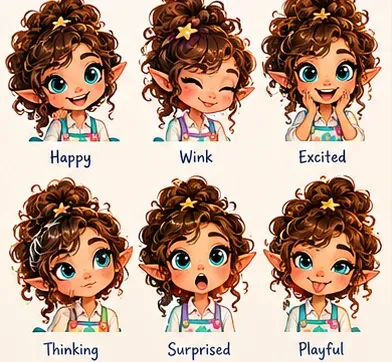 Six faces of Caleigh: happy, winking, excited, thinking, surprised and playful