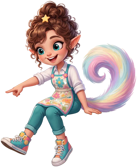 Caleigh sitting on the edge of the card, sneakers dangling and tail curled up, excitedly pointing at the words