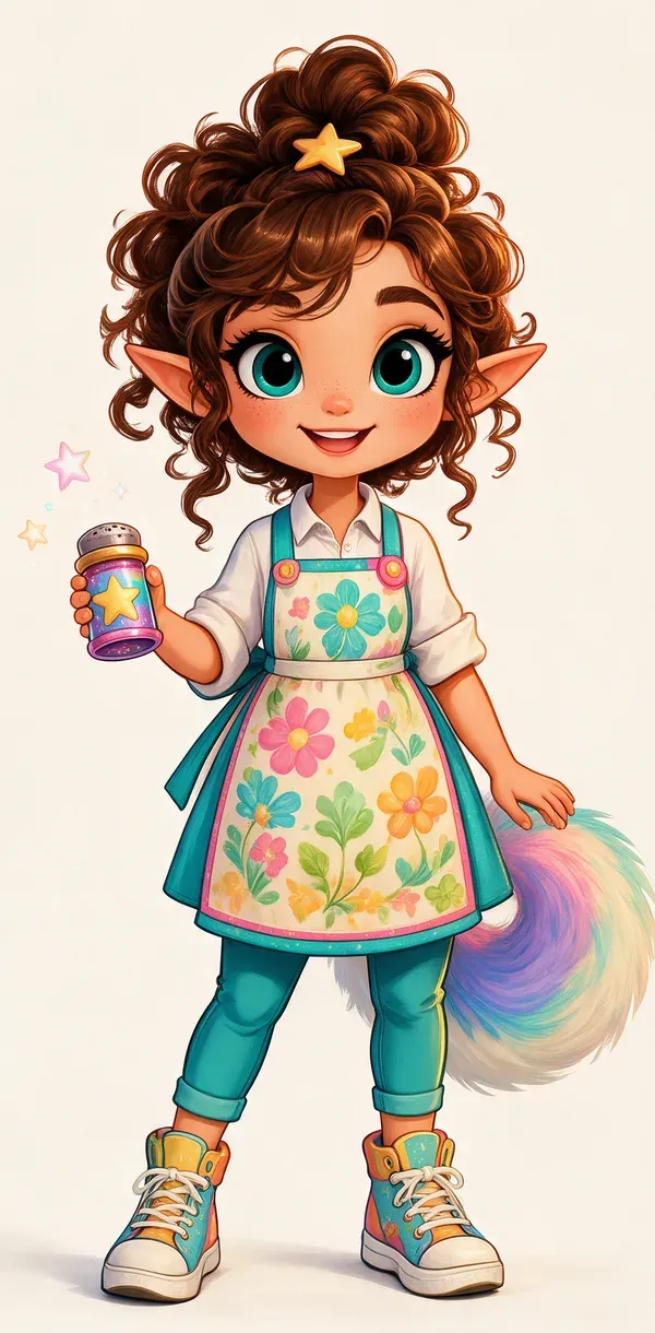 Caleigh standing in her floral apron and colorful sneakers, holding up her star shaker