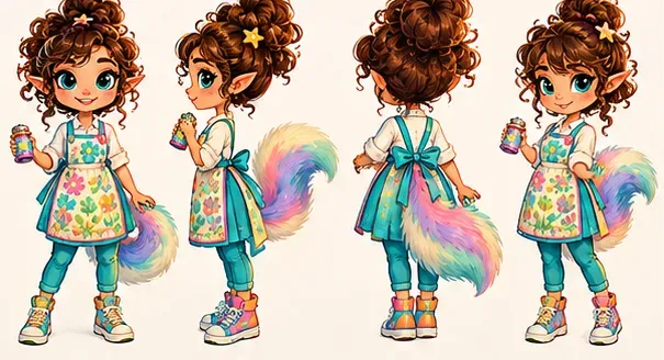 Caleigh shown from the front, the side, the back and at three-quarter view, holding her shaker, with her apron bow and fluffy tail visible from behind