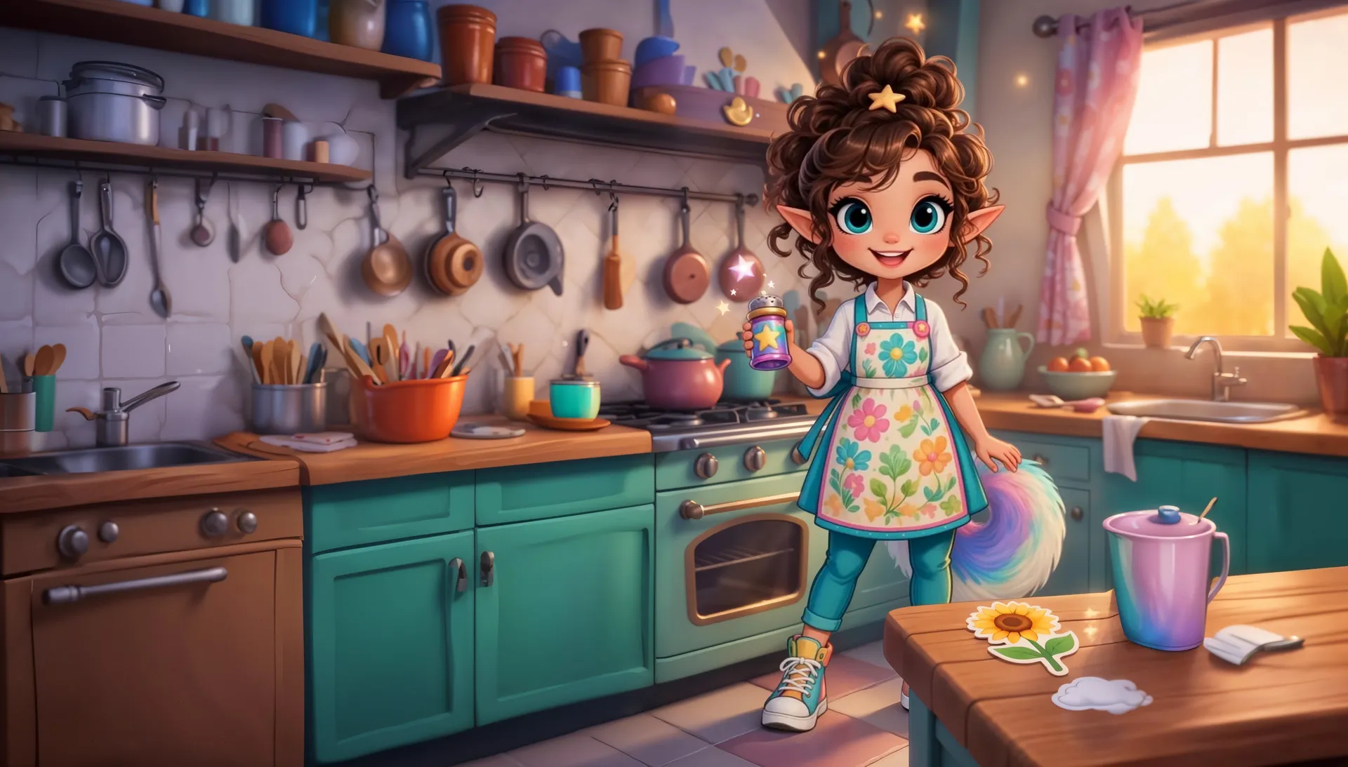 Caleigh in her pastel kitchen, smiling and holding up her star-covered magic spice shaker, with teal cabinets, hanging copper pans, glowing spice jars and a sunflower sticker waiting on the worktable