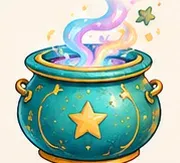 Caleigh’s rounded turquoise pot with gold trim and a gold star, colorful steam swirling out