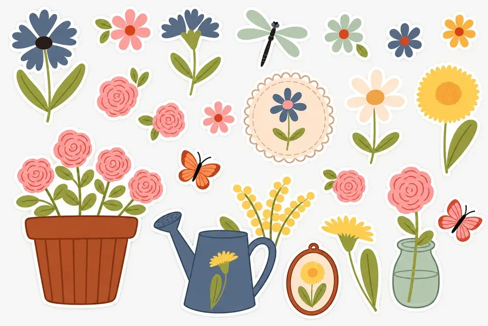 A sheet of flat-style garden clipart: blue and pink flowers, roses, a sunflower, a dragonfly, butterflies, a watering can and a jar of flowers