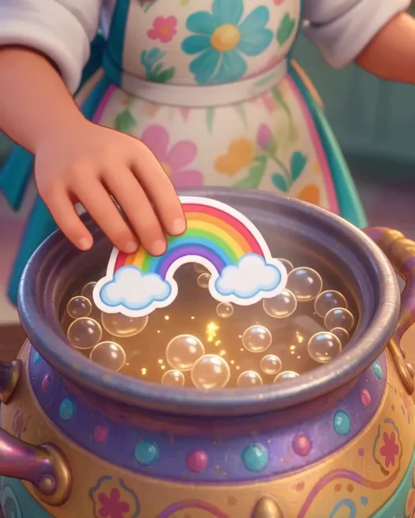 Caleigh’s hand dropping a rainbow sticker into a bubbling pot