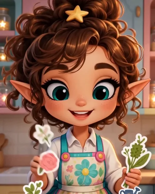 Caleigh holding up a rose, a sprig of herbs, a butterfly and other stickers she has gathered