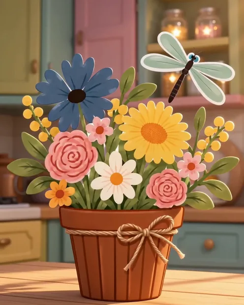 The finished artwork: a terracotta flower pot filled with blue, pink, white and yellow flowers, with a dragonfly hovering above