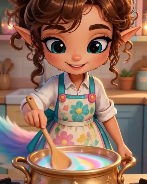 Caleigh stirring a swirl of rainbow colors in a golden pot with a wooden spoon