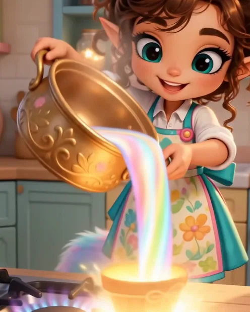 Caleigh pouring a shimmering rainbow stream out of her golden pot